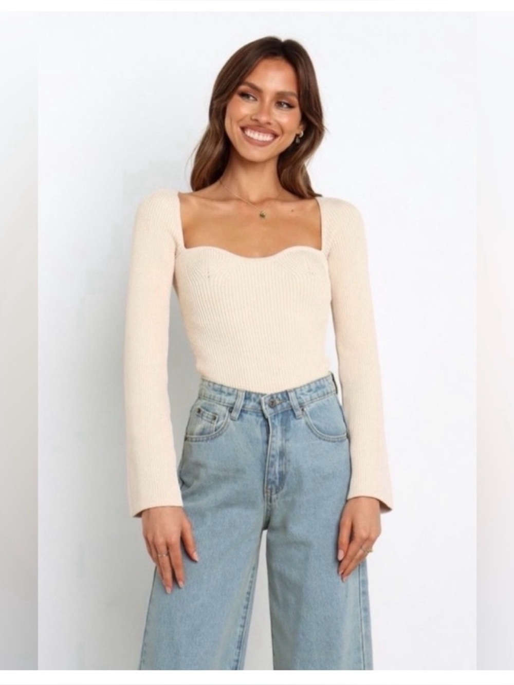 Petal & Pup Ribbed Sweetheart Long Sleeve Top - Cream